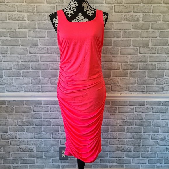 Neon Pink Tank Dress Ruched Barbie Party Costume Cosplay XL NWOT Spandex Blend - Picture 1 of 12